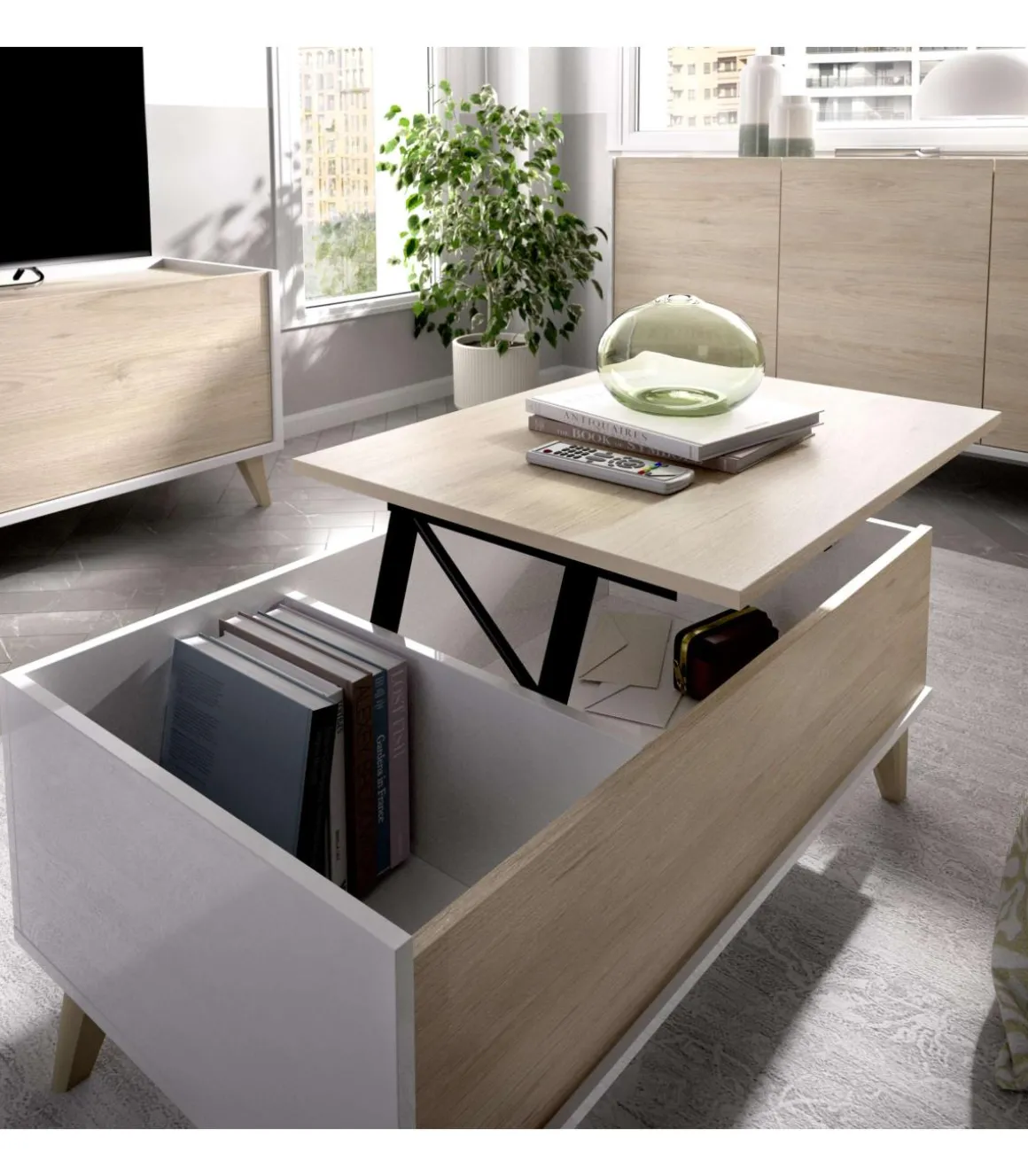 Conjunto salón Cazalilla-6: aparador, mueble TV y mesa centro acabado blanco/natural.