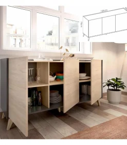 Conjunto salón Cazalilla-6: aparador, mueble TV y mesa centro acabado natural/grafito.