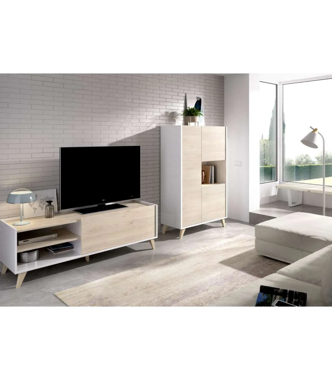 Conjunto salón Cazalilla-5 mueble bajo TV y modulo alto 47-135 cm(alto)155-81 cm(ancho)43 cm(largo)