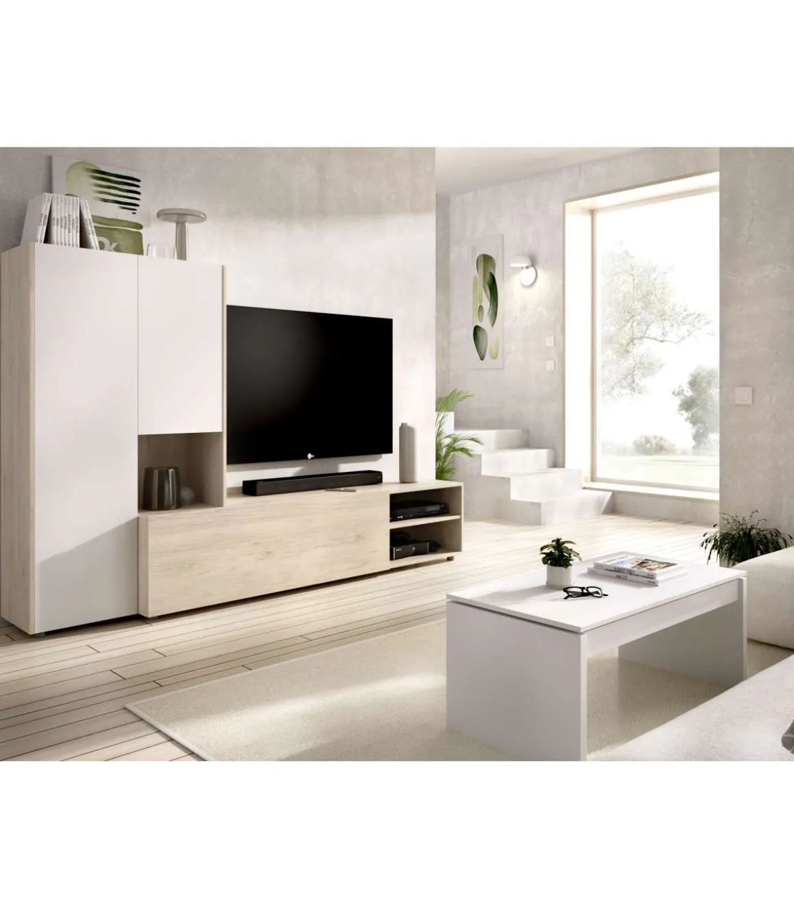 Conjunto salón Laso acabado Natural-Blanco 140.6cm(alto) 2,27 cm(ancho) 40 cm (fondo)