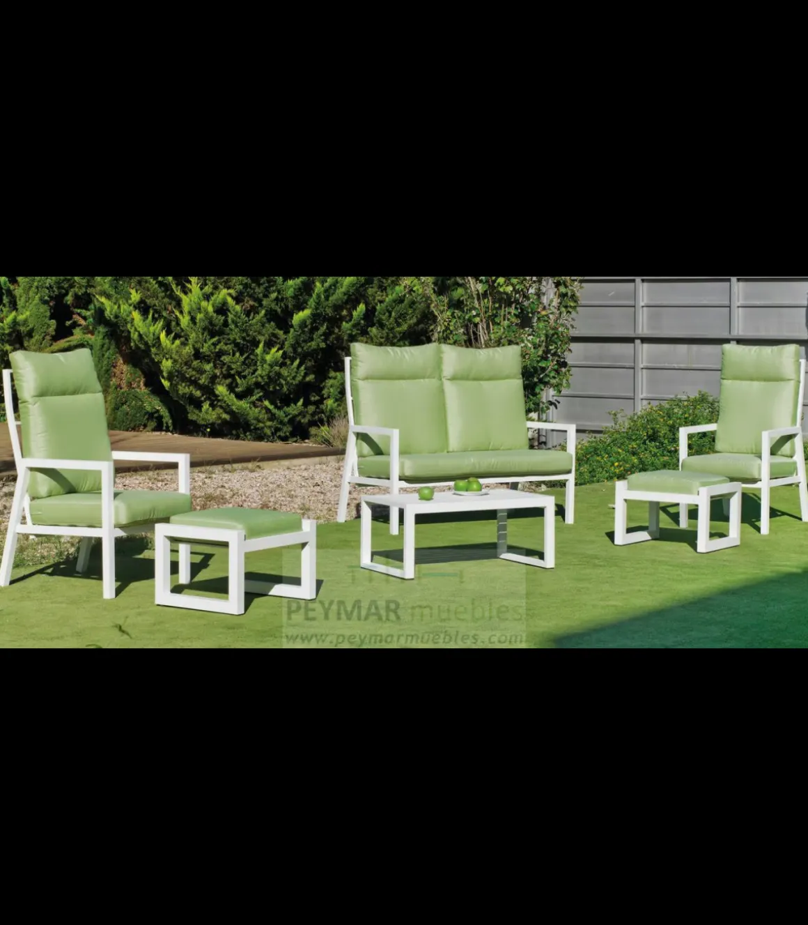 Conjunto terraza jardín aluminio Haston-7 con estructura en blanco.