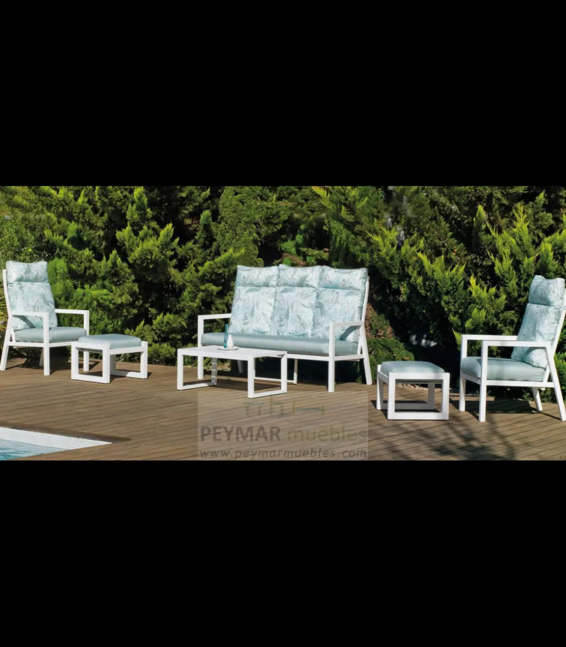Conjunto terraza jardín aluminio Haston-8 con estructura en blanco.