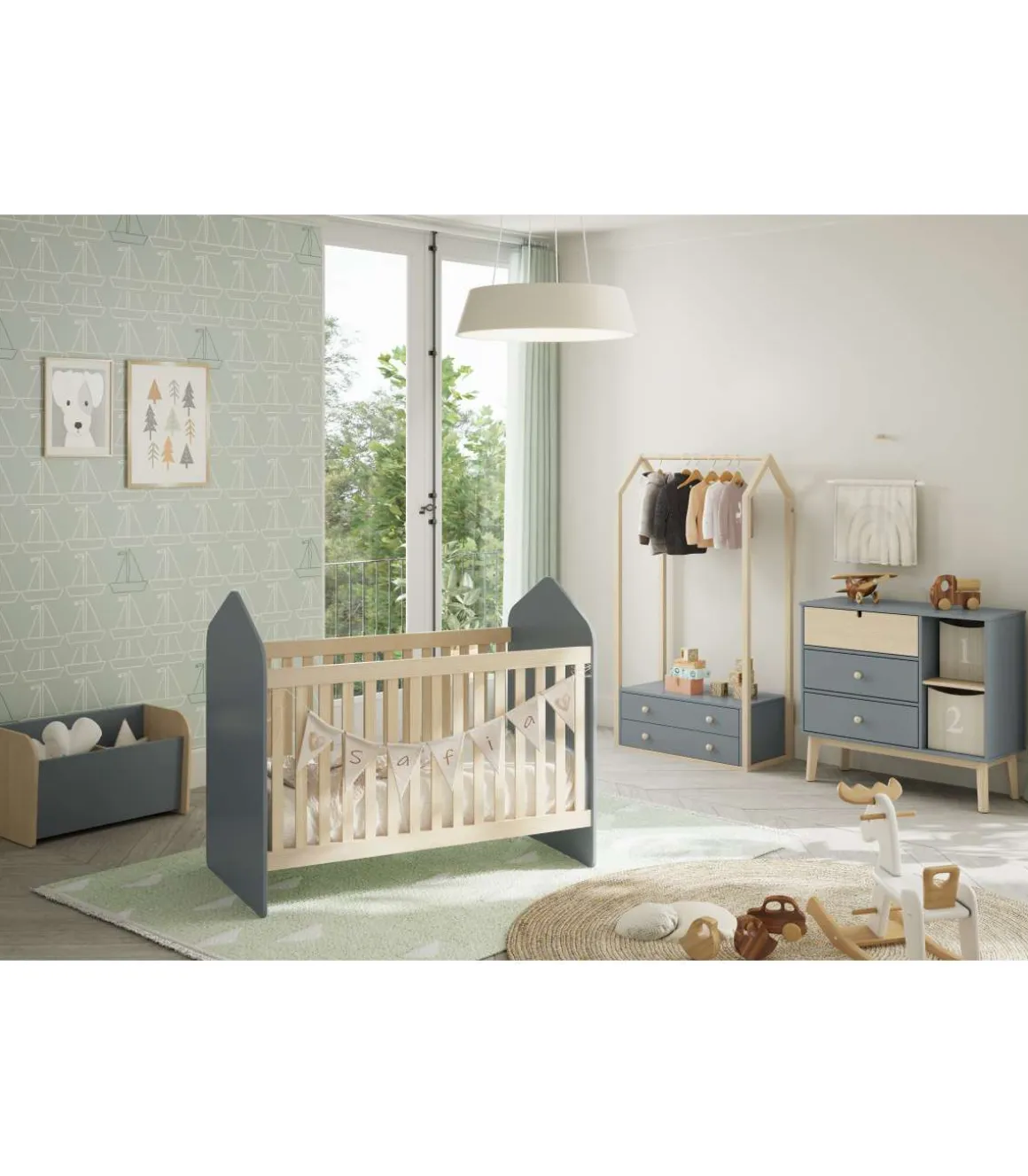 Cuna infantil Estela acabado verde kaki/cera blanca, 102cm(alto) 66.5cm(ancho) 123.8cm(fondo)
