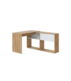 Escritorio con estantería reversible Gema en blanco artik y roble nordi 72,5 cm (alto) x 112 cm (ancho) x 144 cm (prof.)