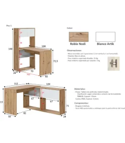 Escritorio con estantería reversible Gema en blanco artik y roble nordi 72,5 cm (alto) x 112 cm (ancho) x 144 cm (prof.)