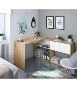 Escritorio con estantería reversible Gema en blanco artik y roble nordi 140 cm (alto) x 108 cm (ancho) x 70 cm (prof.)