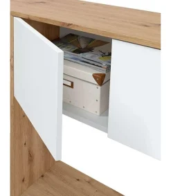 Escritorio con estantería reversible Gema en blanco artik y roble nordi 140 cm (alto) x 108 cm (ancho) x 70 cm (prof.)