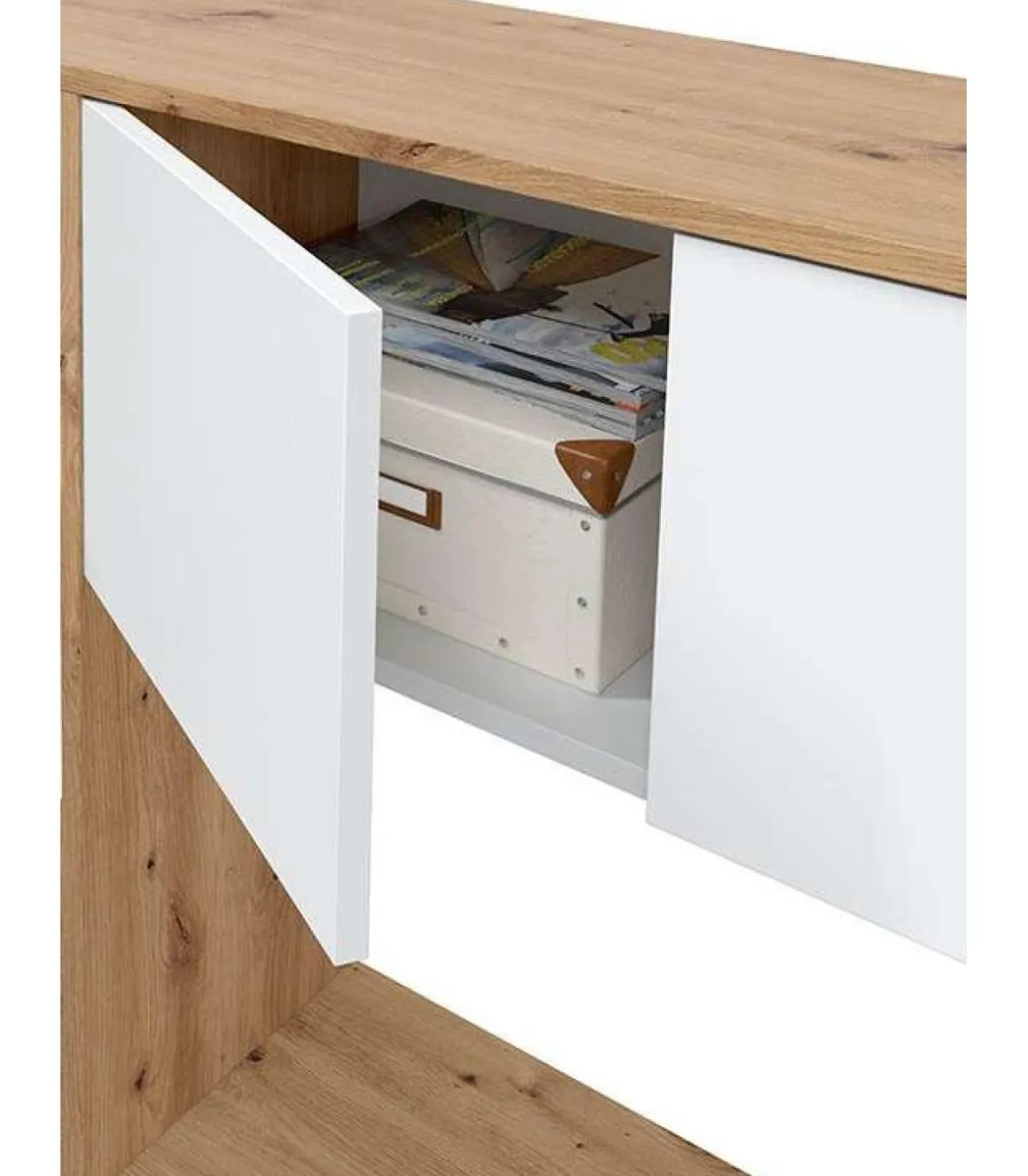 Escritorio con estantería reversible Gema en blanco artik y roble nordi 140 cm (alto) x 108 cm (ancho) x 70 cm (prof.)