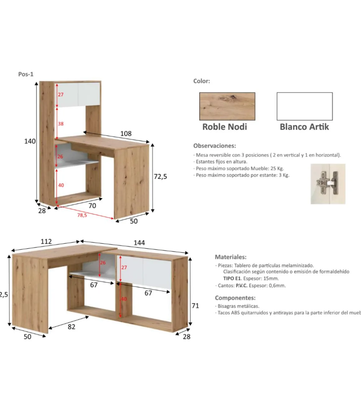 Escritorio con estantería reversible Gema en blanco artik y roble nordi 140 cm (alto) x 108 cm (ancho) x 70 cm (prof.)