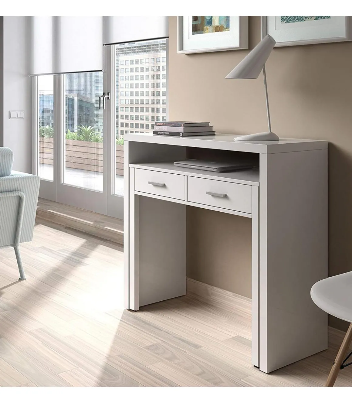 Escritorio extensible Osaka blanco artik 87.5 cm(alto)98.5 cm(ancho)36-66 cm(largo)