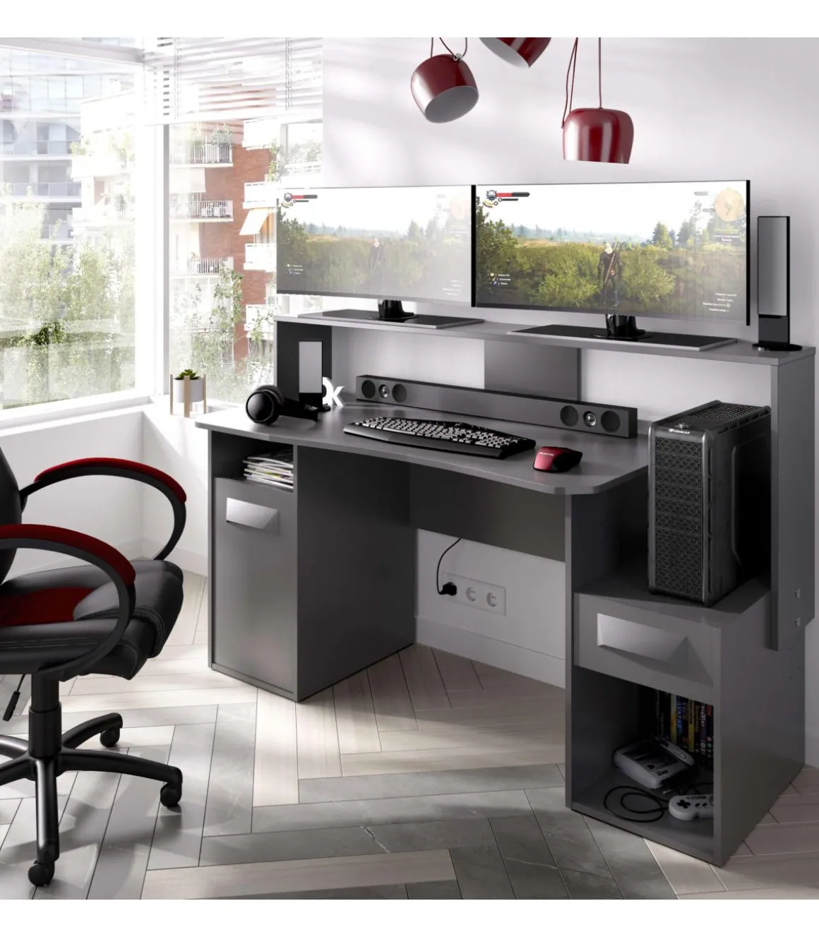 Escritorio gaming Fosk acabado grafito 84/97 cm(alto)153,5 cm(ancho)62/69 cm(fondo)