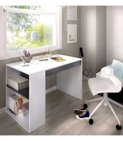 Escritorio Navas con estante y 1 cajon en blanco-grafito 74 cm(alto)115 cm(ancho)50 cm(fondo)