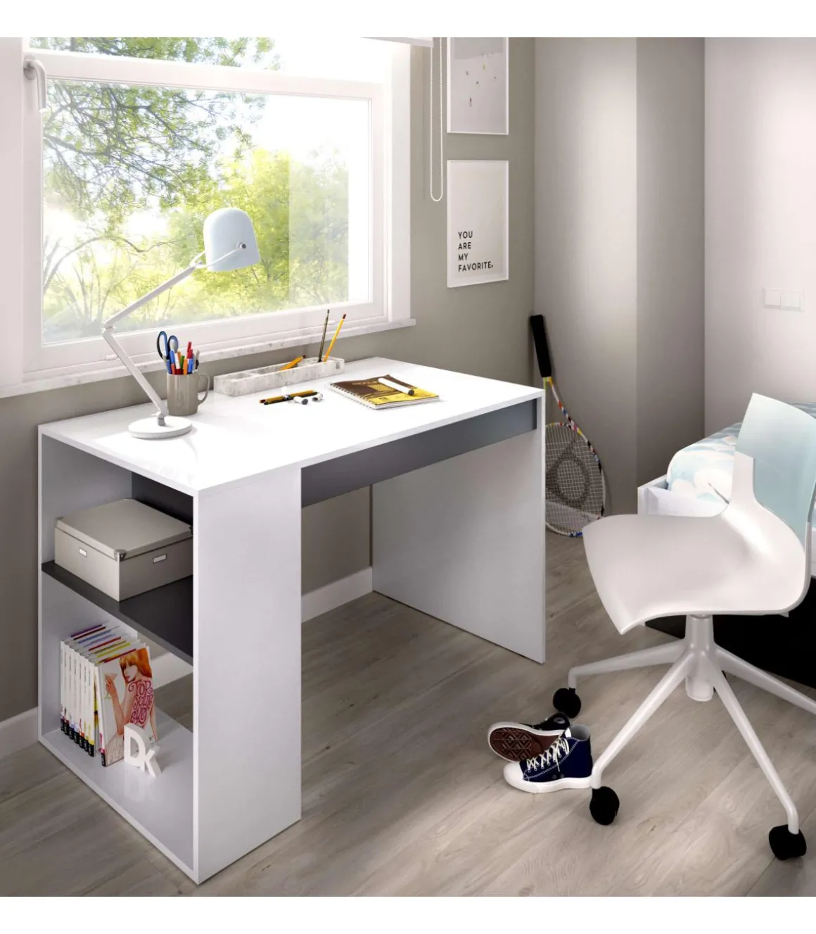 Escritorio Navas con estante y 1 cajon en blanco-grafito 74 cm(alto)115 cm(ancho)50 cm(fondo)