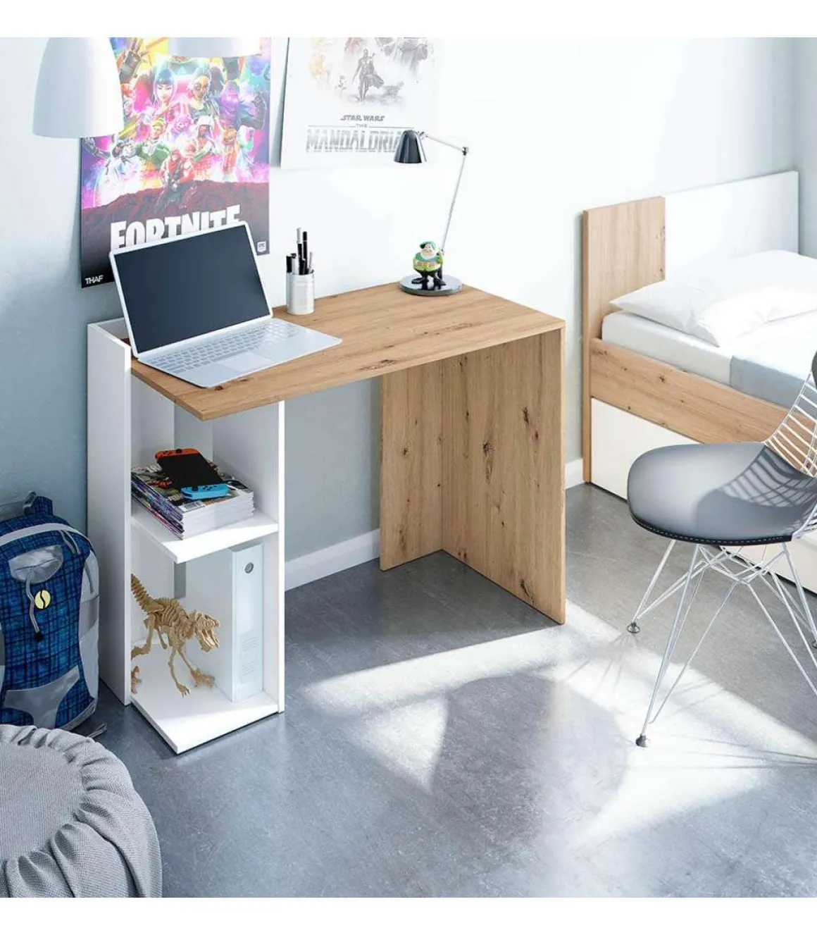 Escritorio reversible Gilda en blanco artik y roble nordi 78 cm (alto) x 100 cm (ancho) x 52 cm (prof.)