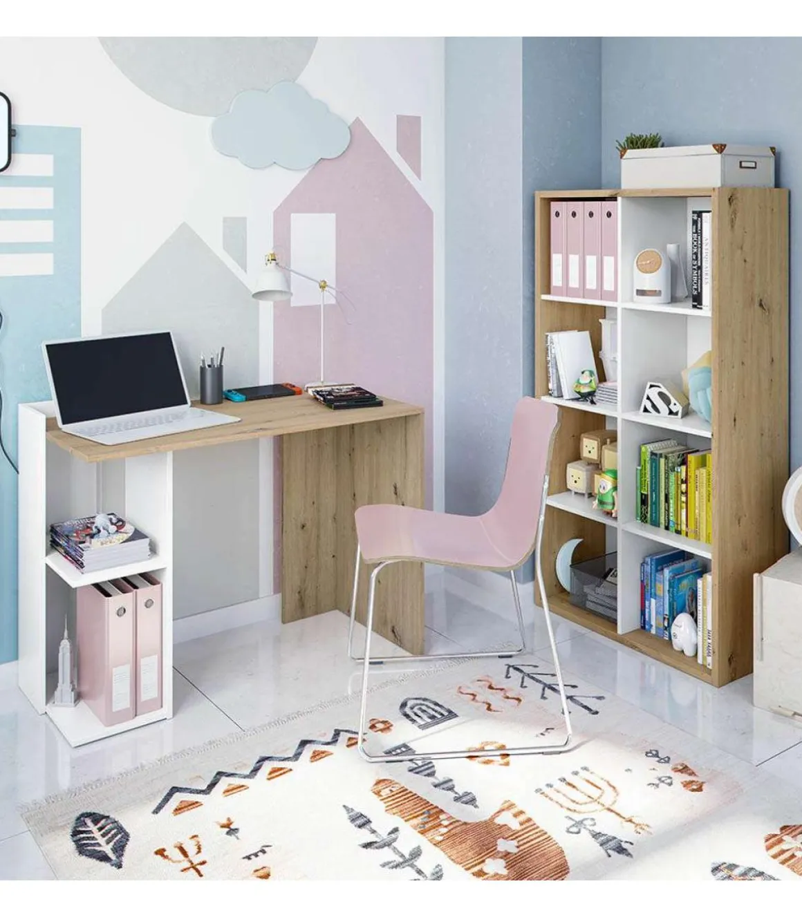 Escritorio reversible Gilda en blanco artik y roble nordi 78 cm (alto) x 100 cm (ancho) x 52 cm (prof.)
