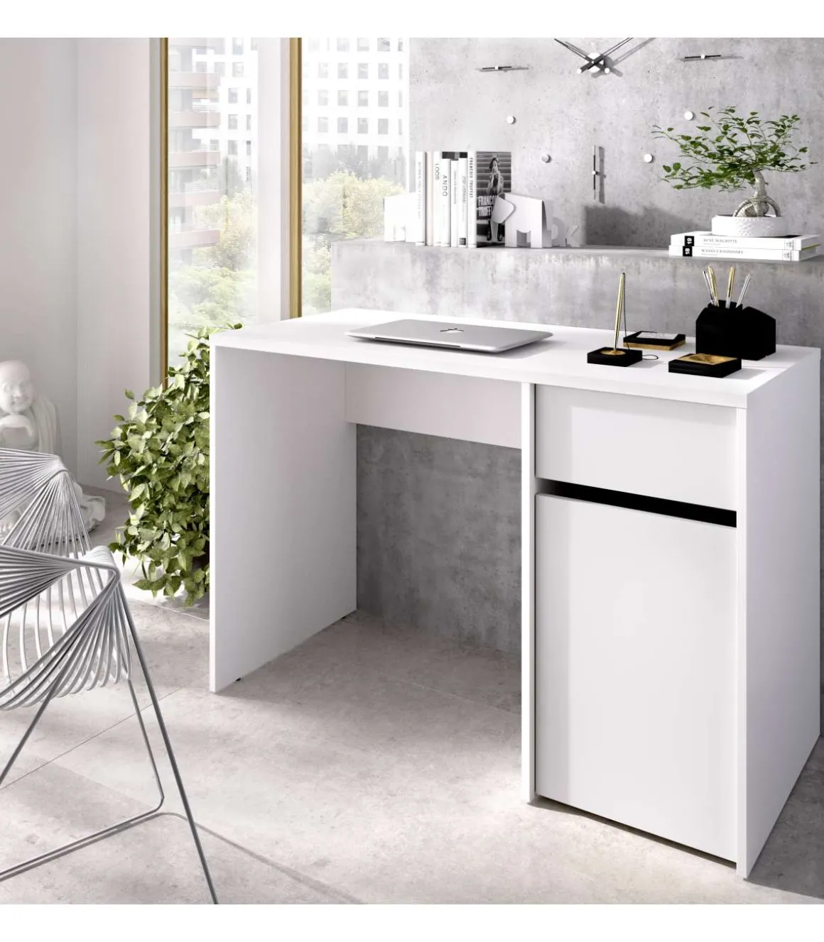 Escritorio Rocio con puerta + cajón acabado blanco, 74cm(alto) 110cm(ancho) 50cm(fondo)
