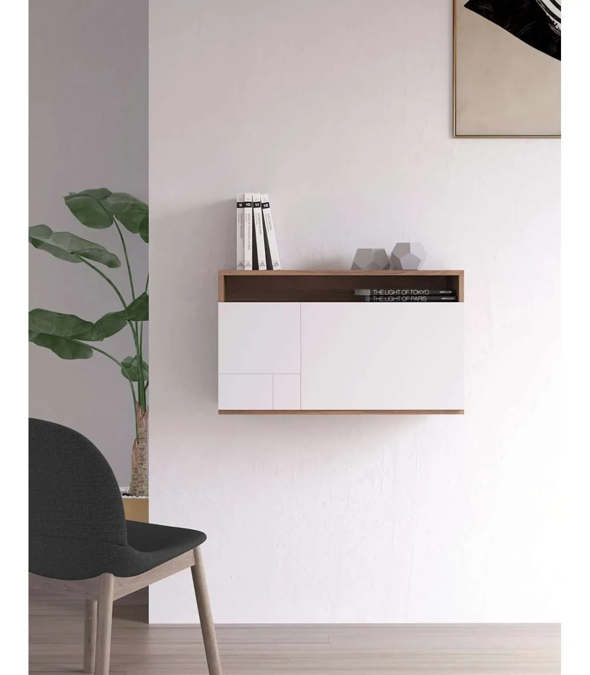 Escritorio suspendido modelo 628 color nogal/blanco. 44x75x30 (alto x ancho x fondo)