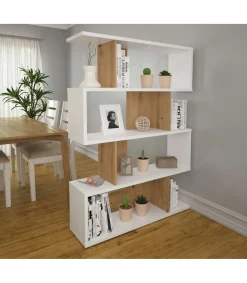 Estantería alta decorativa con baldas acabado en blanco soft/roble albar. 180cm(alto) 85cm(ancho)30cm(fondo). .