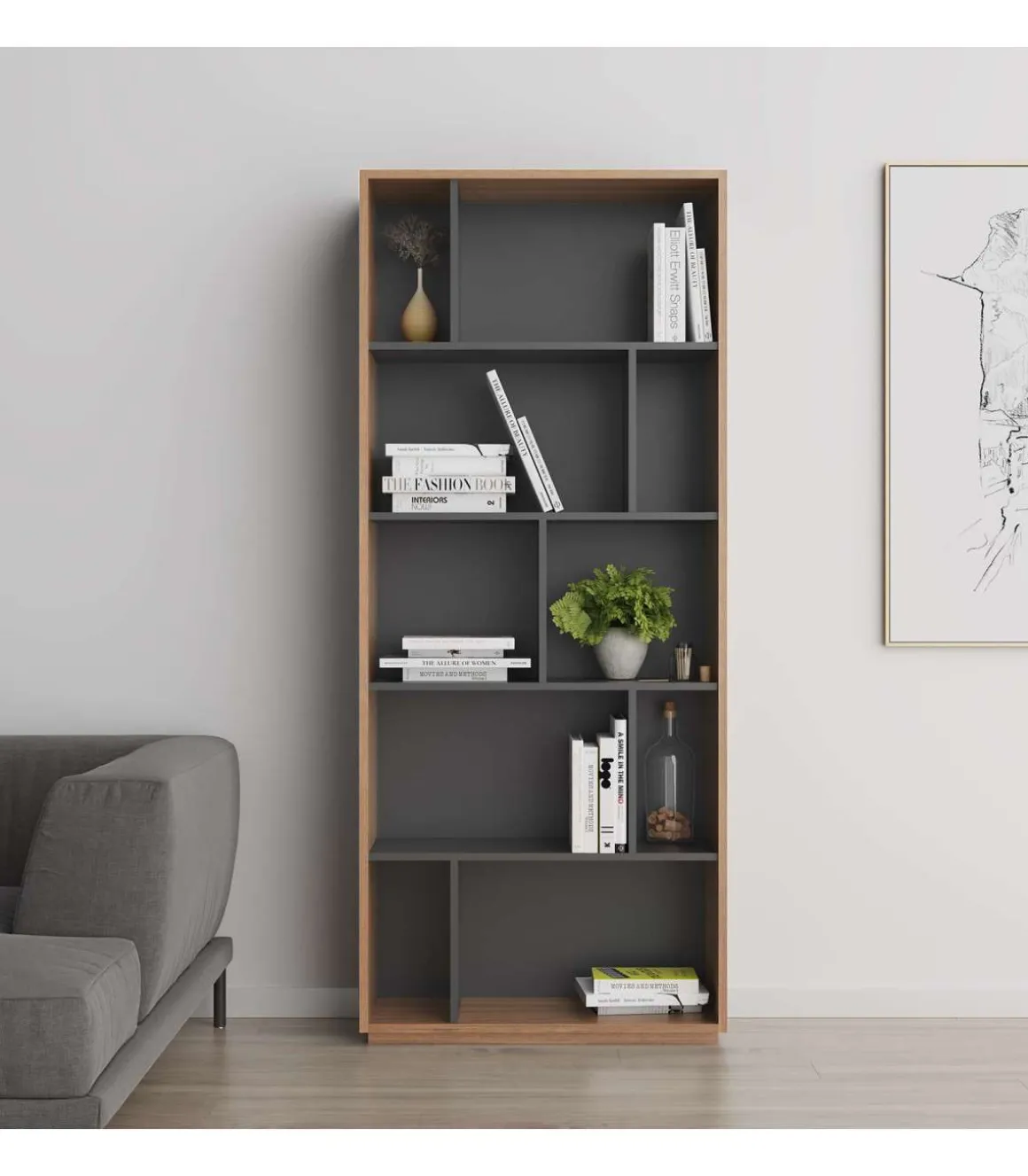 Estantería 5 alturas modelo 545 acabado nogal claro/grafito. 191 cm(alto), 80 cm(ancho), 32 cm(fondo).