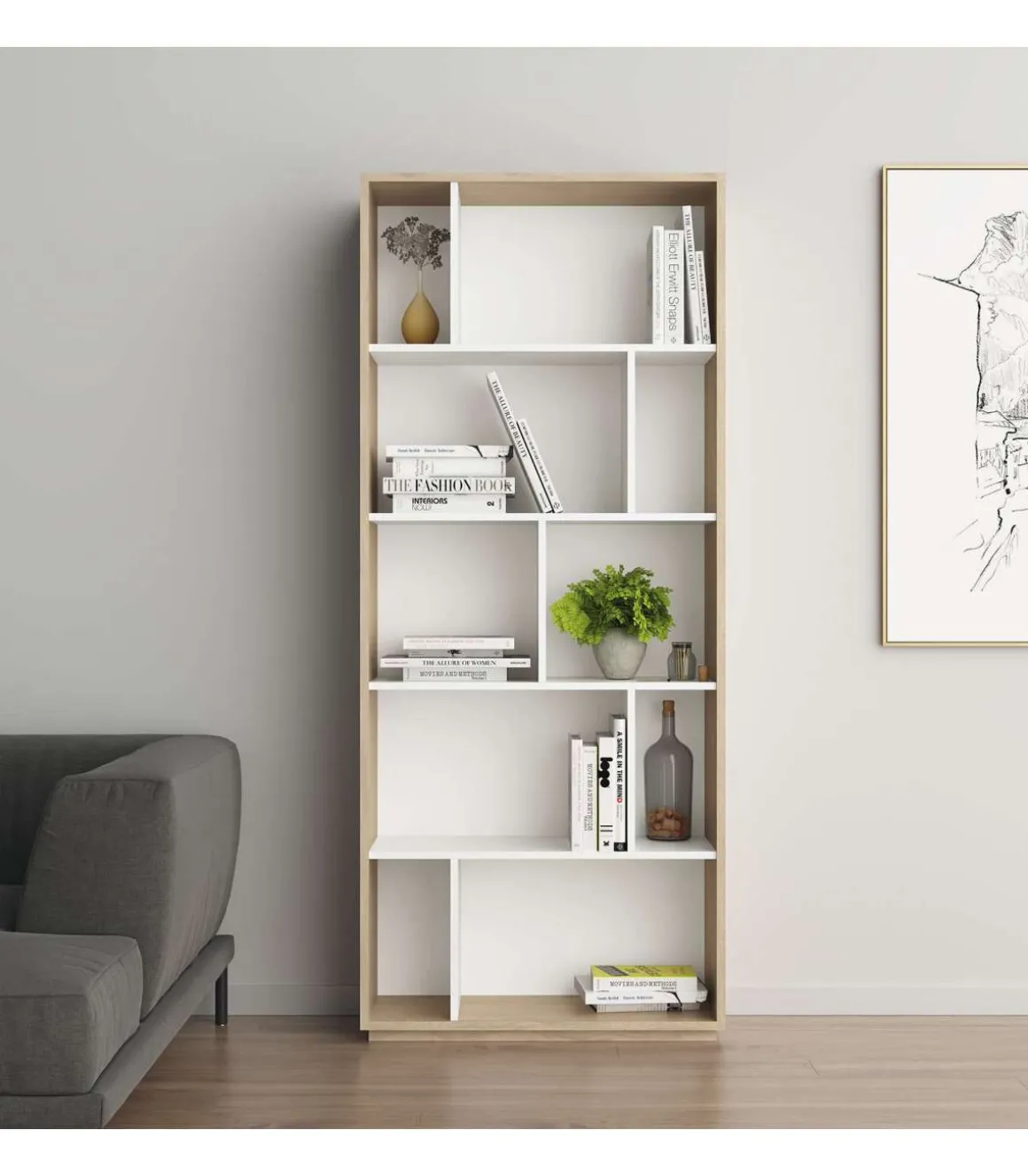 Estantería 5 alturas modelo 545 acabado roble claro/blanco. 191 cm(alto), 80 cm(ancho), 32 cm(fondo).