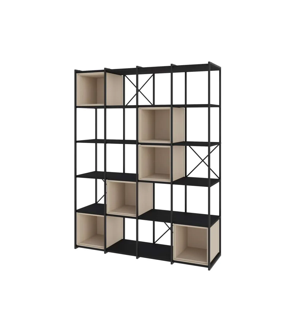 Estantería 5 cubos y estantes modelo Berta-140 acabado negro/crema, 179cm(alto) 139.5cm(ancho) 39cm(largo).