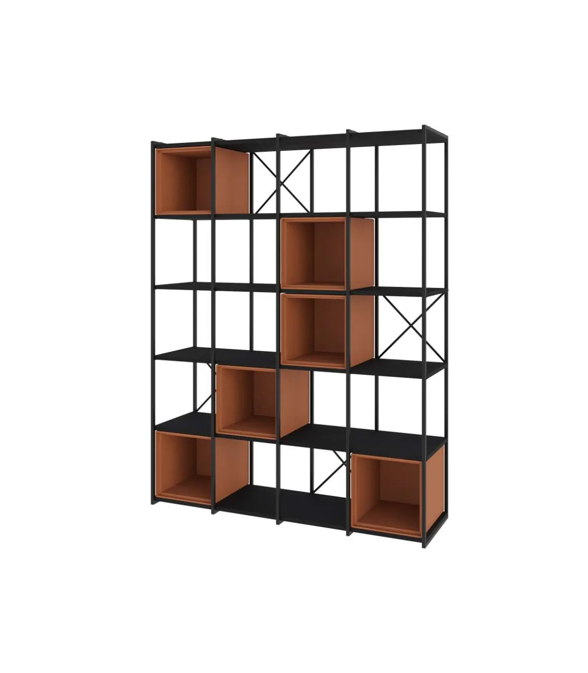 Estantería 5 cubos y estantes modelo Berta-140 acabado negro/terracota, 179cm(alto) 139.5cm(ancho) 39cm(largo).