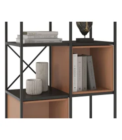 Estantería 3 cubos y estantes modelo Berta-70 acabado negro/terracota, 179cm(alto) 70cm(ancho) 39cm(largo).