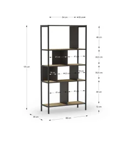 Estantería varios estantes modelo Amaya-88 acabado roble/negro, 175cm(alto) 88cm(ancho) 35cm(largo).