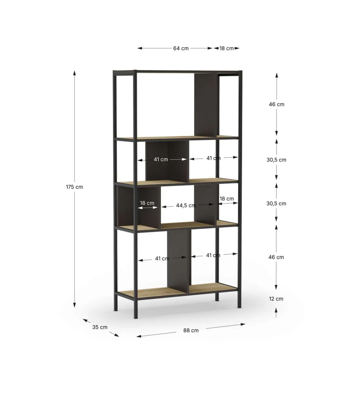 Estantería varios estantes modelo Amaya-88 acabado roble/negro, 175cm(alto) 88cm(ancho) 35cm(largo).