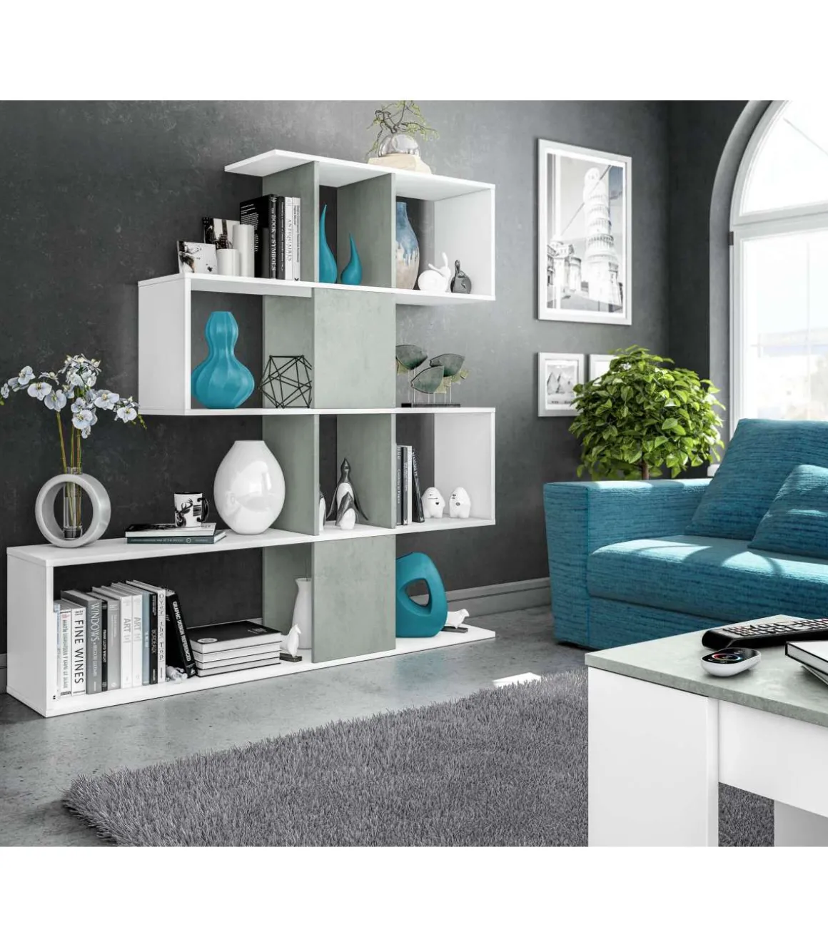 Estanteria Zig Zag en blanco artik y cemento 145 cm(alto)145 cm(ancho)28 cm(fondo) .