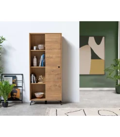 Librería Kamet con puerta corredera acabado roble gold, 180cm(alto) 80cm(ancho) 30cm(fondo).