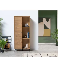 Librería Kamet con puerta corredera acabado roble gold, 180cm(alto) 80cm(ancho) 30cm(fondo).