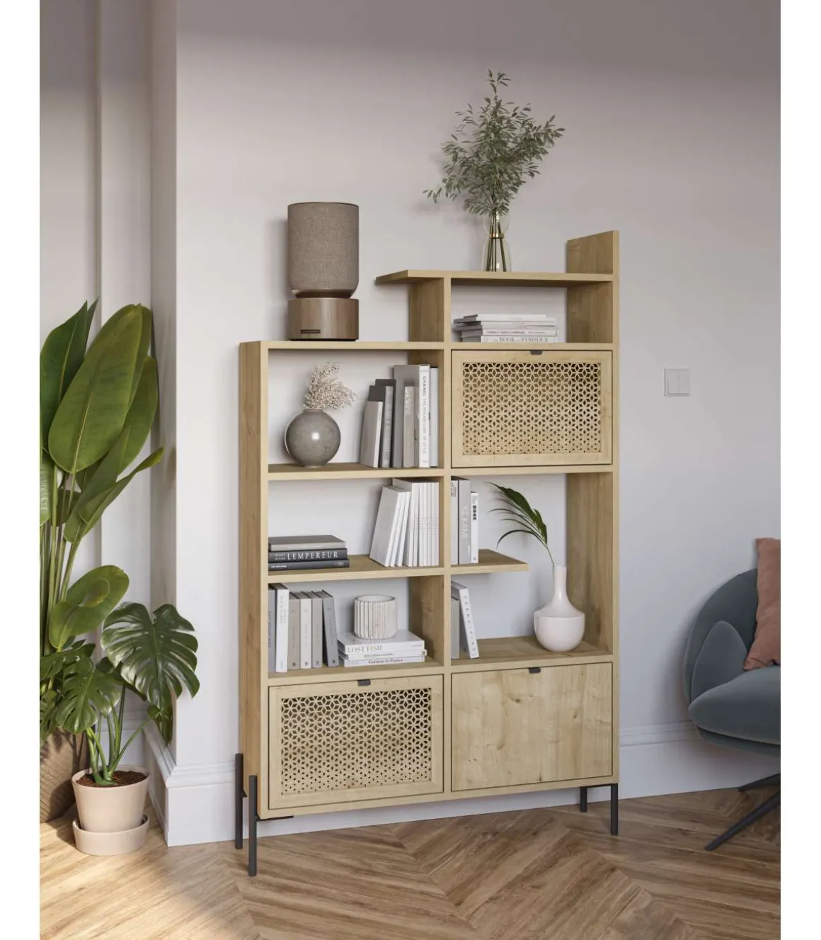 Librería 3 puertas y estantes India acabado roble/negro, 160cm(alto) 99.4cm(ancho) 29.5cm(largo).