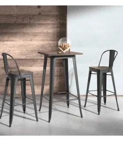 Mesa alta de bar pie metálico grafito tapa nogal 106 cm(alto) 60 cm(ancho)60 cm(fondo).