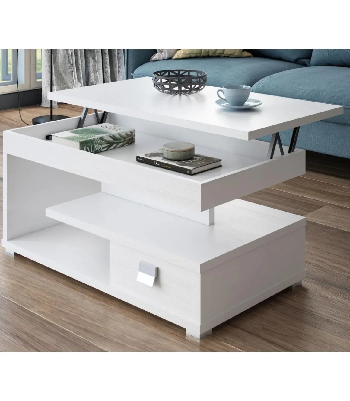 Mesa centro elevable acabado blanco, 51 cm(alto) 110 cm(ancho) 55 cm(largo)