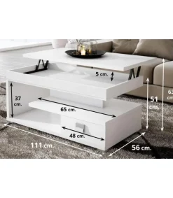 Mesa centro elevable acabado blanco, 51 cm(alto) 110 cm(ancho) 55 cm(largo)