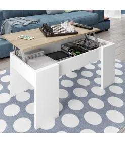 Mesa centro elevable Andujar en blanco artik y roble canadian 45 cm(alto)100 cm(ancho)50 cm(largo)