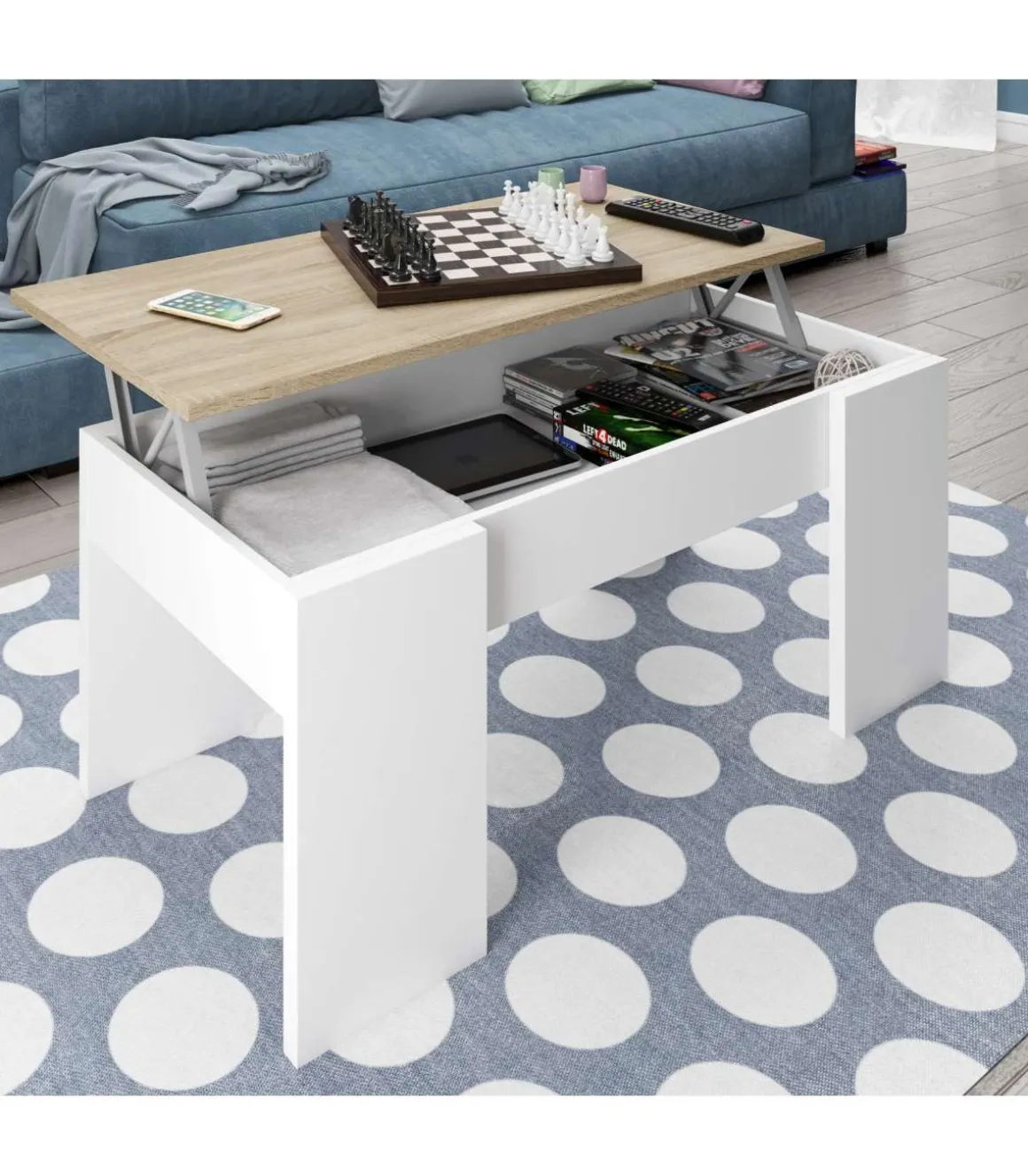 Mesa centro elevable Andujar en blanco artik y roble canadian 45 cm(alto)100 cm(ancho)50 cm(largo)
