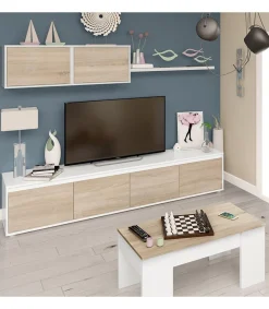 Mesa centro elevable Andujar en blanco artik y roble canadian 45 cm(alto)100 cm(ancho)50 cm(largo)