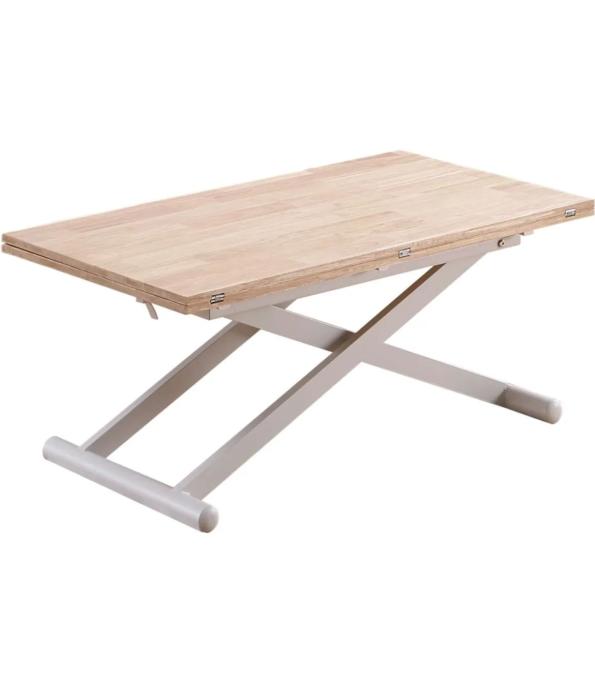 Mesa centro elevable y extensible Natural acabado roble patas blancas, 57-114 cm(fondo) 110/114 cm (ancho) 49/76(alto).