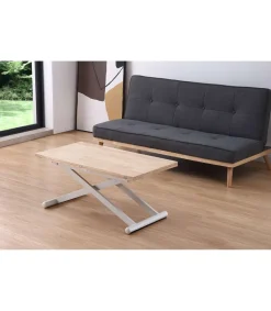 Mesa centro elevable y extensible Natural acabado roble patas blancas, 57-114 cm(fondo) 110/114 cm (ancho) 49/76(alto).
