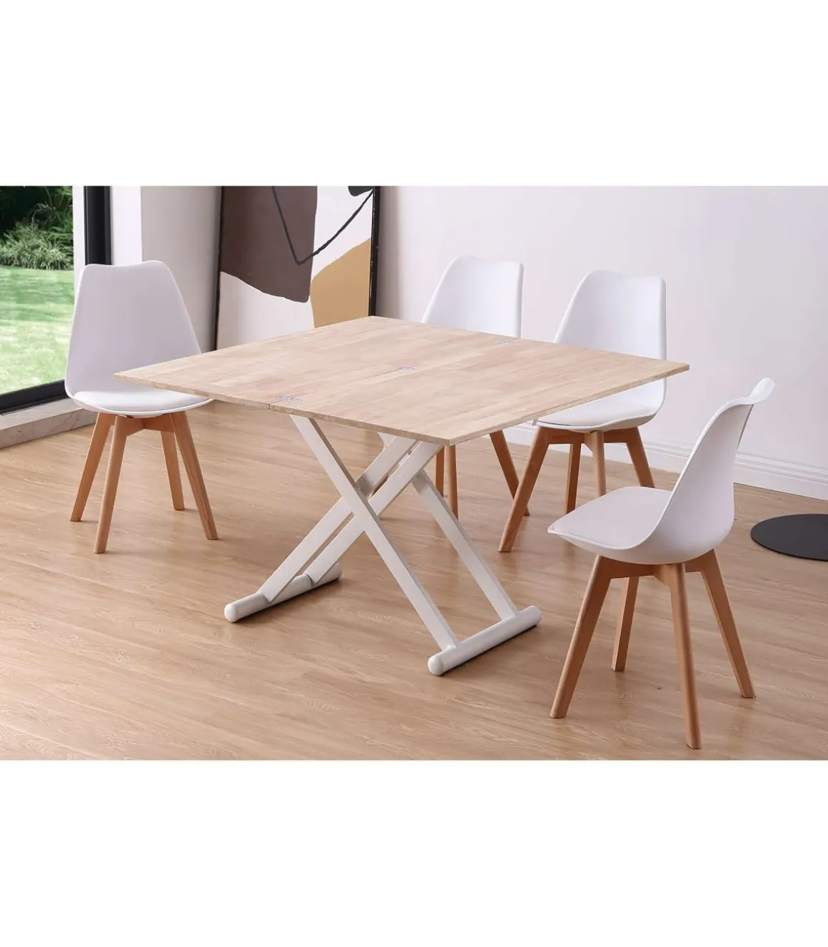 Mesa centro elevable y extensible Natural acabado roble patas blancas, 57-114 cm(fondo) 110/114 cm (ancho) 49/76(alto).