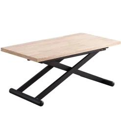 Mesa centro elevable y extensible Natural acabado roble patas negras, 57-114 cm(fondo) 110/114 cm (ancho) 49/76(alto).