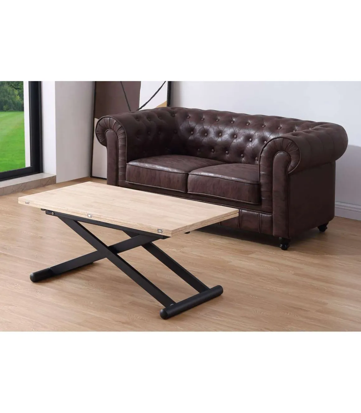 Mesa centro elevable y extensible Natural acabado roble patas negras, 57-114 cm(fondo) 110/114 cm (ancho) 49/76(alto).