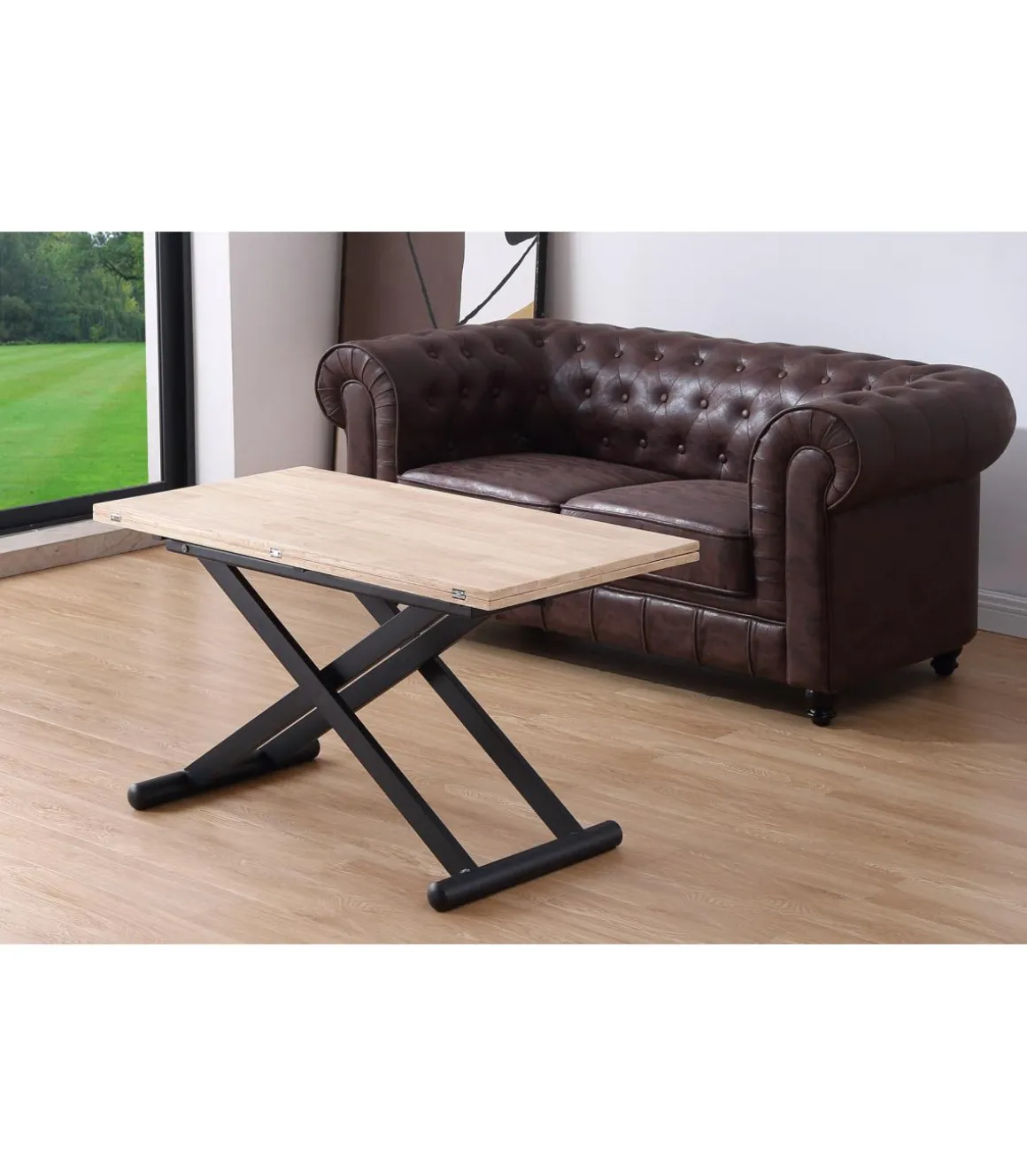 Mesa centro elevable y extensible Natural acabado roble patas negras, 57-114 cm(fondo) 110/114 cm (ancho) 49/76(alto).