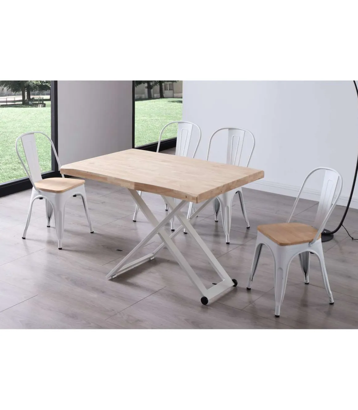 Mesa centro elevable Zoe tapa con forma acabado roble nordish/blanco, 120cm (largo) 80cm (ancho) 49/79cm (alto).