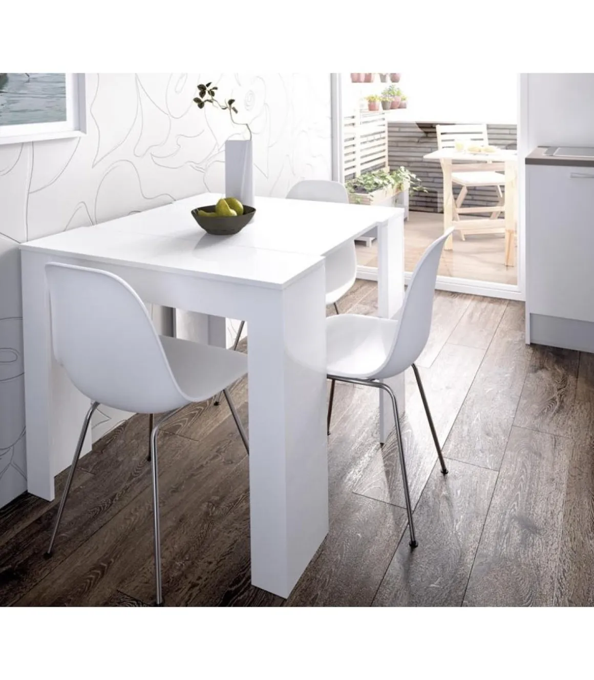Mesa comedor Bailen multifuncion extensible en blanco brillo. 77 cm(alto)54-101-147-194-240 cm(ancho)90 cm(fondo)