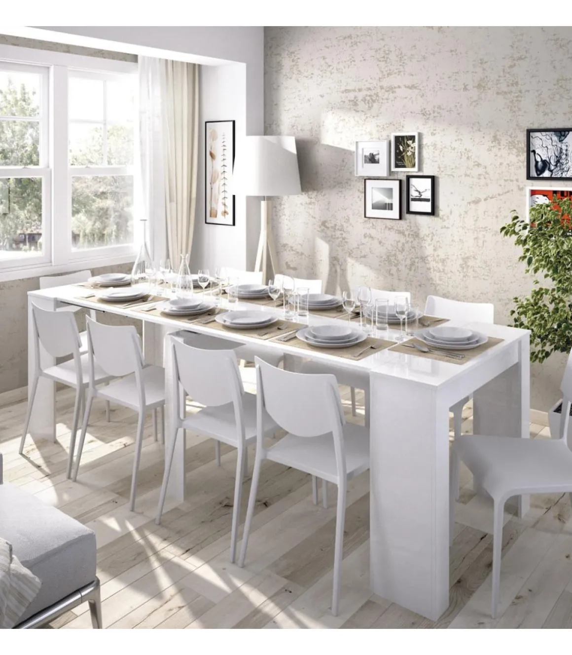 Mesa comedor Bailen multifuncion extensible en blanco brillo. 77 cm(alto)54-101-147-194-240 cm(ancho)90 cm(fondo)