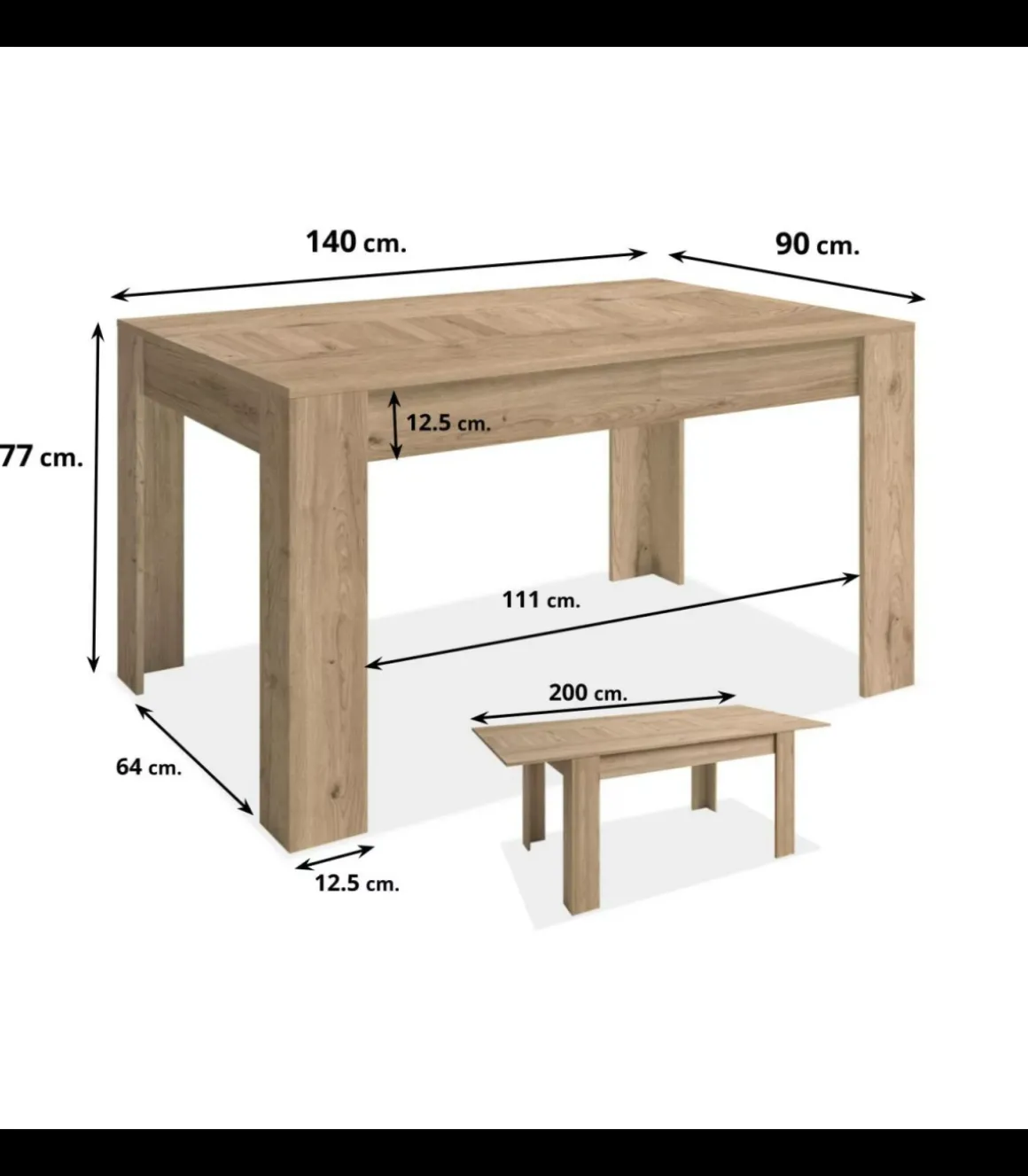 Mesa comedor Bass extensible acabado roble, 77cm(alto) 140-200cm(ancho) 90cm(largo)