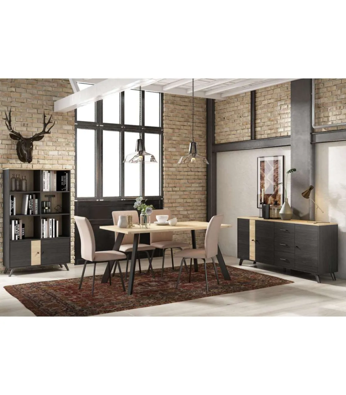 Mesa comedor rectangular ADRIAN acabado bocamina/natural, 78.5cm(alto) 160cm(ancho) 90cm(largo)